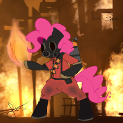 Size: 1280x1280 | Tagged: safe, artist:fatcakes, artist:iron gear, pinkie pie, pony, bipedal, crossover, fire, pyro, solo, team fortress 2