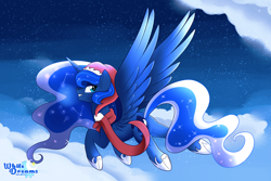 Size: 6000x4000 | Tagged: safe, artist:xwhitedreamsx, princess luna, alicorn, pony, absurd resolution, christmas, clothes, female, flying, hat, holiday, looking back, mare, night, santa hat, scarf, smiling, solo