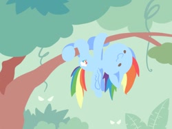 Size: 800x600 | Tagged: safe, artist:nyankamedon, rainbow dash, pegasus, pony, chibi, solo, suspended, tree