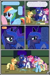 Size: 3254x4837 | Tagged: safe, artist:gutovi, applejack, fluttershy, pinkie pie, princess luna, rainbow dash, rarity, twilight sparkle, alicorn, earth pony, pegasus, pony, unicorn, comic:why me!?, bed, broken window, comic, glass, mane six