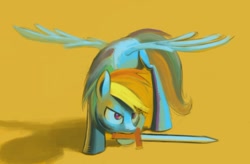 Size: 646x423 | Tagged: safe, artist:justdayside, rainbow dash, pegasus, pony, mouth hold, simple background, solo, sword, weapon