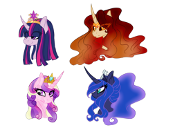 Size: 1024x768 | Tagged: safe, artist:kimyowolf, nightmare star, princess cadance, princess celestia, princess luna, twilight sparkle, twilight sparkle (alicorn), alicorn, pony, alicorn tetrarchy, black sclera, bust, portrait, simple background, transparent background