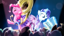 Size: 1920x1080 | Tagged: safe, artist:giantmosquito, pinkie pie, rarity, earth pony, pony, unicorn, accordion, clothes, concert, dress, musical instrument, sousaphone