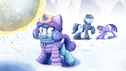 Size: 4000x2250 | Tagged: safe, artist:ohemo, princess flurry heart, shining armor, twilight sparkle, twilight sparkle (alicorn), alicorn, pony, unicorn, boots, clothes, earmuffs, family, female, filly, giant snowball, hat, high res, jacket, magic, male, mare, scarf, shoes, smiling, snow, snowball, snowball fight, socks, stallion, telekinesis, this will end in pain, trio, winter, winter jacket