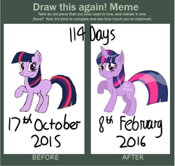 Size: 1144x1080 | Tagged: safe, artist:pastelhorses, derpibooru import, twilight sparkle, draw this again, improvement, solo