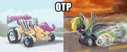 Size: 1232x506 | Tagged: safe, artist:giantmosquito, artist:owlvortex, scootaloo, oc, oc:wheely bopper, original species, exploitable meme, meme, otp, racecar, wheelpone