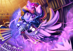 Size: 4211x2929 | Tagged: safe, artist:zodiacnicola, derpibooru import, twilight sparkle, twilight sparkle (alicorn), alicorn, pony, clothes, dress, female, library, mare, solo