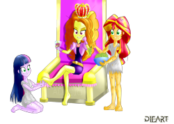 Size: 2330x1660 | Tagged: safe, artist:dieart77, derpibooru import, adagio dazzle, sunset shimmer, twilight sparkle, twilight sparkle (alicorn), alicorn, equestria girls, alcohol, bad end, barefoot, clothes, commission, crown, dirty, dress, feet, food, grapes, mind control, slave, throne, torn clothes, wine