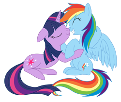 Size: 1070x900 | Tagged: safe, artist:doctorraz, artist:mn27, rainbow dash, twilight sparkle, pegasus, pony, boop, eyes closed, floppy ears, grin, happy, hug, noseboop, nuzzling, shipping, simple background, sitting, spread wings, squee, transparent background, twidash, vector, wingboner