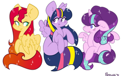 Size: 1280x806 | Tagged: safe, artist:purrling, derpibooru import, starlight glimmer, sunset shimmer, twilight sparkle, twilight sparkle (alicorn), alicorn, alicornified, counterparts, magical trio, race swap, shimmercorn, shoujo sparkles, species swap, starlicorn, xk-class end-of-the-world scenario