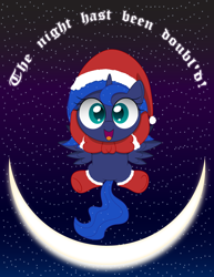 Size: 1600x2071 | Tagged: safe, artist:spellboundcanvas, princess luna, alicorn, pony, blackletter, bow, christmas, crescent moon, cute, hat, holiday, lunabetes, moon, night, santa hat, starry night, stars, transparent moon, winter solstice