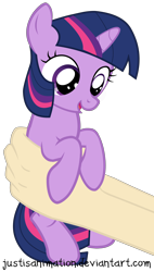 Size: 3472x6097 | Tagged: safe, artist:justisanimation, derpibooru import, twilight sparkle, human, pony, unicorn, cute, female, filly, filly twilight sparkle, hand, holding a pony, justis holds a pony, offscreen character, simple background, solo, transparent background, twiabetes, vector, younger