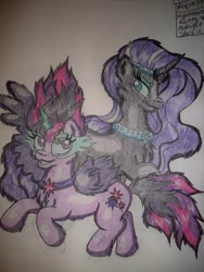 Size: 774x1032 | Tagged: safe, artist:shelby100, derpibooru import, midnight sparkle, nightmare rarity, twilight sparkle, pony, equestria girls, friendship games, equestria girls ponified, ponified, traditional art