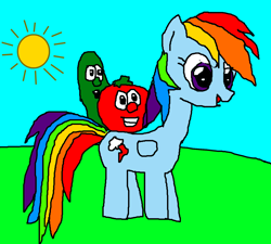 Size: 1600x1440 | Tagged: safe, artist:mariobrasilu9, rainbow dash, pegasus, pony, bob the tomato, crossover, larry the cucumber, paint.net, riding, veggietales