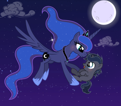 Size: 6167x5423 | Tagged: safe, artist:velveagicsentryyt, princess luna, oc, oc:midnight moon (velvetsentryyt), alicorn, pony, unicorn, absurd resolution, colt, female, flying, male, moon, mother and child, mother and son, night, offspring, parent and child, parent:king sombra, parent:princess luna, parents:lumbra