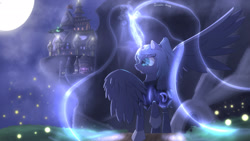 Size: 1920x1080 | Tagged: safe, artist:erebyscomics, princess luna, alicorn, pony, airship, armor, canterlot, full moon, magic, moon, night, open mouth, scenery, solo, zeppelin