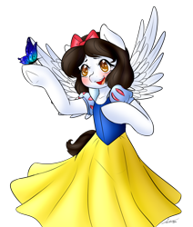Size: 1146x1352 | Tagged: safe, artist:fatcakes, butterfly, pegasus, pony, bipedal, clothes, disney, disney princess, dress, open mouth, ponified, simple background, snow white, solo, transparent background