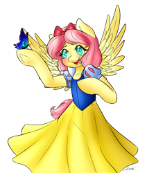 Size: 1146x1352 | Tagged: safe, artist:fatcakes, fluttershy, butterfly, pegasus, pony, bipedal, clothes, crossover, disney, disney princess, dress, open mouth, simple background, snow white, solo, transparent background