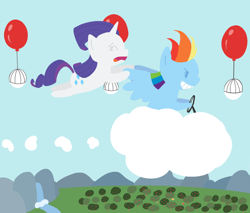 Size: 1000x850 | Tagged: safe, artist:elslowmo, rainbow dash, rarity, pegasus, pony, unicorn, balloon, cloud, driving