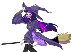 Size: 1280x930 | Tagged: safe, artist:fatcakes, twilight sparkle, equestria girls, blushing, broom, flying, flying broomstick, hat, lidded eyes, looking back, one eye closed, open mouth, simple background, smiling, solo, transparent background, witch, witch hat