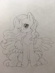 Size: 960x1280 | Tagged: safe, artist:lispp, princess luna, alicorn, pony, chest fluff, ear fluff, female, looking at you, mare, pencil drawing, sitting, smiling, solo, spread wings, traditional art, unshorn fetlocks, wings