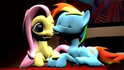 Size: 1192x670 | Tagged: safe, artist:legoguy9875, fluttershy, rainbow dash, pegasus, pony, 3d, female, flutterdash, gmod, lesbian, licking, shipping