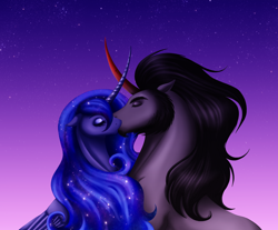 Size: 1952x1618 | Tagged: safe, artist:silverwolf866, king sombra, princess luna, alicorn, pony, unicorn, beard, curved horn, eyes closed, facial hair, female, floppy ears, goatee, horns are touching, kissing, lumbra, male, mare, shipping, sitting, stallion, starry night, stars, straight, sunset