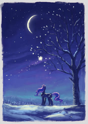 Size: 845x1195 | Tagged: safe, artist:plainoasis, princess luna, alicorn, pony, crescent moon, female, looking away, looking up, mare, moon, night, scenery, snow, solo, stars, tree