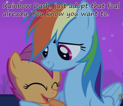 Size: 1031x894 | Tagged: safe, edit, edited screencap, screencap, rainbow dash, scootaloo, pegasus, pony, adoption, caption, eyes closed, female, filly, insane pony thread, mare, scootadoption, scootalove, tumblr