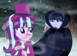 Size: 1796x1324 | Tagged: safe, artist:sashaartheart, princess luna, snowfall frost, starlight glimmer, vice principal luna, a hearth's warming tail, equestria girls, clothes, duo, equestria girls interpretation, hat, scene interpretation, spirit of hearth's warming yet to come, top hat