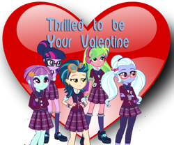 Size: 740x616 | Tagged: safe, derpibooru import, indigo zap, lemon zest, sci-twi, sour sweet, sugarcoat, sunny flare, twilight sparkle, equestria girls, friendship games, clothes, crossed arms, crystal prep academy uniform, crystal prep shadowbolts, glasses, goggles, hand on hip, headphones, heart, hearts and hooves day, lasty's hearts, school uniform, shadow six, simple, simple background, transparent background, valentine, valentine's day