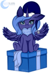 Size: 1240x1748 | Tagged: safe, artist:victoria-luna, princess luna, alicorn, pony, bell, christmas, cute, female, filly, hat, heart, holiday, lunabetes, mouth hold, polish, present, s1 luna, santa hat, spread wings, wings, woona, younger