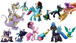 Size: 1438x816 | Tagged: safe, derpibooru import, nightmare moon, nightshade, pinkie pie, princess celestia, queen chrysalis, rainbow dash, spike, tank, twilight sparkle, twilight sparkle (alicorn), alicorn, changeling, changeling queen, cockatrice, dragon, earth pony, pegasus, pony, unicorn, adult spike, armor, bat-winged chicken, clothes, costume, dragon rider shining armor, guardians of harmony, horseshoes, official, older, older spike, ponies riding dragons, rearing, riding, royal guard, shadowbolts, shadowbolts costume, spikezilla, toy