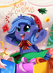 Size: 2550x3509 | Tagged: safe, artist:pridark, princess luna, alicorn, pony, blushing, candy, candy cane, christmas, christmas tree, cute, daaaaaaaaaaaw, female, filly, food, hnnng, holiday, lunabetes, mare, merry christmas, open mouth, present, pridark is trying to murder us, smiling, solo, tree, underhoof, woona, younger