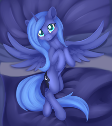 Size: 1964x2205 | Tagged: safe, artist:dusthiel, princess luna, alicorn, pony, female, looking at you, lying down, mare, on back, s1 luna, smiling, solo, spread wings, wings