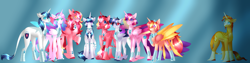 Size: 10000x2500 | Tagged: safe, artist:clay-bae, princess cadance, princess flurry heart, shining armor, sunburst, oc, oc:pure heart, oc:rome rose, oc:royal grove, oc:silver shield, oc:valentine, alicorn, pegasus, pony, unicorn, absurd resolution, family, female, implied infidelity, male, mare, offspring, older, parent:princess cadance, parent:shining armor, parent:sunburst, parents:shiningcadance, parents:sundence, siblings, stallion