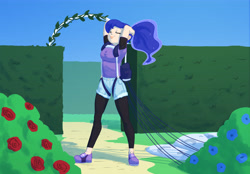 Size: 6381x4452 | Tagged: safe, artist:carnifex, princess luna, human, absurd resolution, clothes, commission, female, flower, garden, harness, humanized, leggings, parachute, ponytail, rose, shirt, shoes, shorts, sneakers, solo, t-shirt, tack