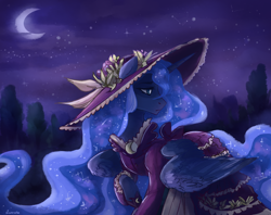 Size: 2650x2100 | Tagged: safe, artist:lunnitavaldez, princess luna, alicorn, pony, clothes, crescent moon, dress, female, hat, high res, mare, moon, night, raised hoof, sad, solo, sparkly mane