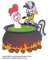 Size: 2000x2500 | Tagged: safe, artist:giantmosquito, artist:misteraibo, pinkie pie, zecora, earth pony, pony, zebra, animal costume, chicken pie, chicken suit, clothes, costume, stew