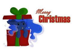 Size: 4000x2700 | Tagged: safe, artist:isorrayi, princess luna, alicorn, pony, box, chibi, curved horn, high res, pony in a box, present, solo, tongue out