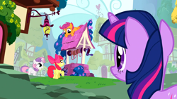 Size: 1366x768 | Tagged: safe, derpibooru import, screencap, apple bloom, scootaloo, sweetie belle, twilight sparkle, stare master, cutie mark crusaders