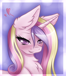 Size: 2894x3325 | Tagged: safe, artist:nuumia, princess cadance, alicorn, pony, bedroom eyes, blushing, bust, chest fluff, ear fluff, female, heart, looking at you, mare, portrait, solo