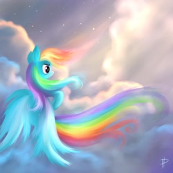 Size: 750x750 | Tagged: safe, artist:rom-art, rainbow dash, pegasus, pony, cloud, cloudy, long tail, solo, stars, windswept mane