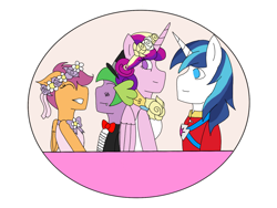 Size: 2048x1536 | Tagged: safe, artist:mintymelody, princess cadance, scootaloo, shining armor, spike, anthro, a canterlot wedding, bride, clothes, digital art, dress, female, flower filly, flower girl, flower girl dress, hat, male, marriage, scootaspike, shipping, straight, suit, top hat, tuxedo, wedding, wedding dress