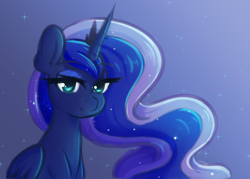 Size: 2344x1680 | Tagged: safe, artist:fluffymaiden, princess luna, alicorn, pony, bust, female, jewelry, looking at you, mare, regalia, smiling, solo