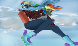 Size: 1600x945 | Tagged: safe, artist:aaronmk, derpibooru import, rainbow dash, human, flannel, humanized, plaid shirt, self ponidox, skates, spray can