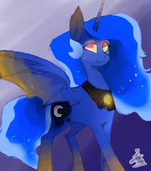 Size: 1610x1820 | Tagged: safe, artist:juliedraw2046, princess luna, alicorn, bat pony, bat pony alicorn, pony, bat ponified, bat wings, cutie mark, female, freckles, glow, glowing eyes, glowing hooves, glowing wings, looking up, lunabat, mare, moonbat, race swap, slit eyes, smiling, solo, spread wings, wings