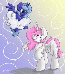 Size: 763x866 | Tagged: safe, artist:luximus17, princess celestia, princess luna, alicorn, pony, abstract background, cewestia, cloud, duo, filly, looking at each other, on a cloud, pink-mane celestia, raised hoof, royal sisters, sisters, smiling, spread wings, wings, woona, younger