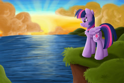 Size: 1800x1200 | Tagged: safe, artist:luximus17, twilight sparkle, twilight sparkle (alicorn), alicorn, pony, cliff, female, folded wings, looking at something, looking away, mare, ocean, outdoors, solo, standing, sunset, water, wings