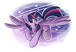 Size: 1076x743 | Tagged: safe, artist:luximus17, twilight sparkle, twilight sparkle (alicorn), alicorn, pony, female, flying, head turn, looking at you, mare, open mouth, outline, smiling, solo, spread wings, white outline, wings